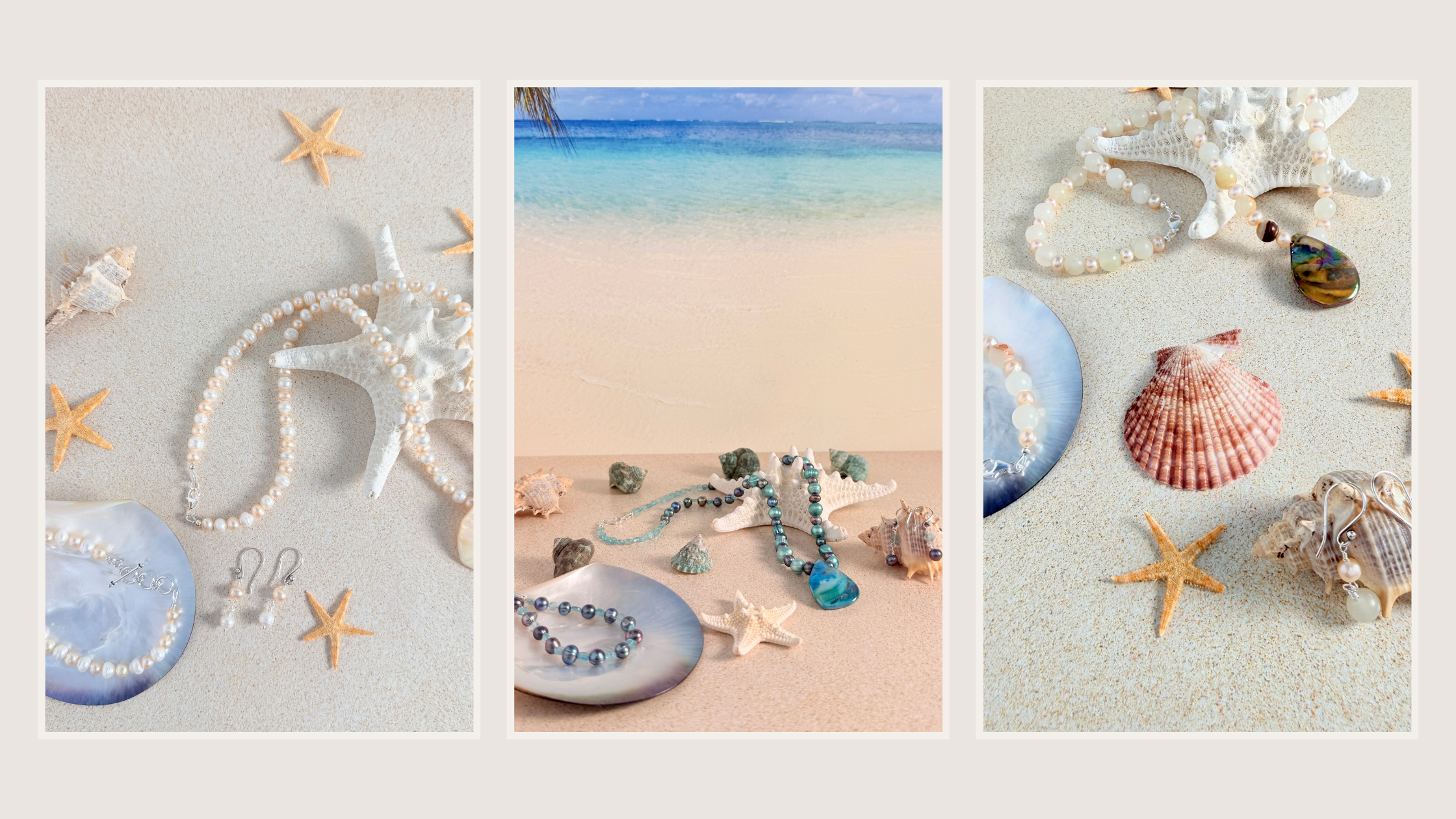 Jewelry collection ocean and beach-themed necklaces, earrings and bracelets